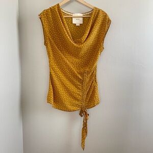 Anthropologie Maeve |‎ Size 2, Mustard Polka Dot Top, draped neckline, side tie